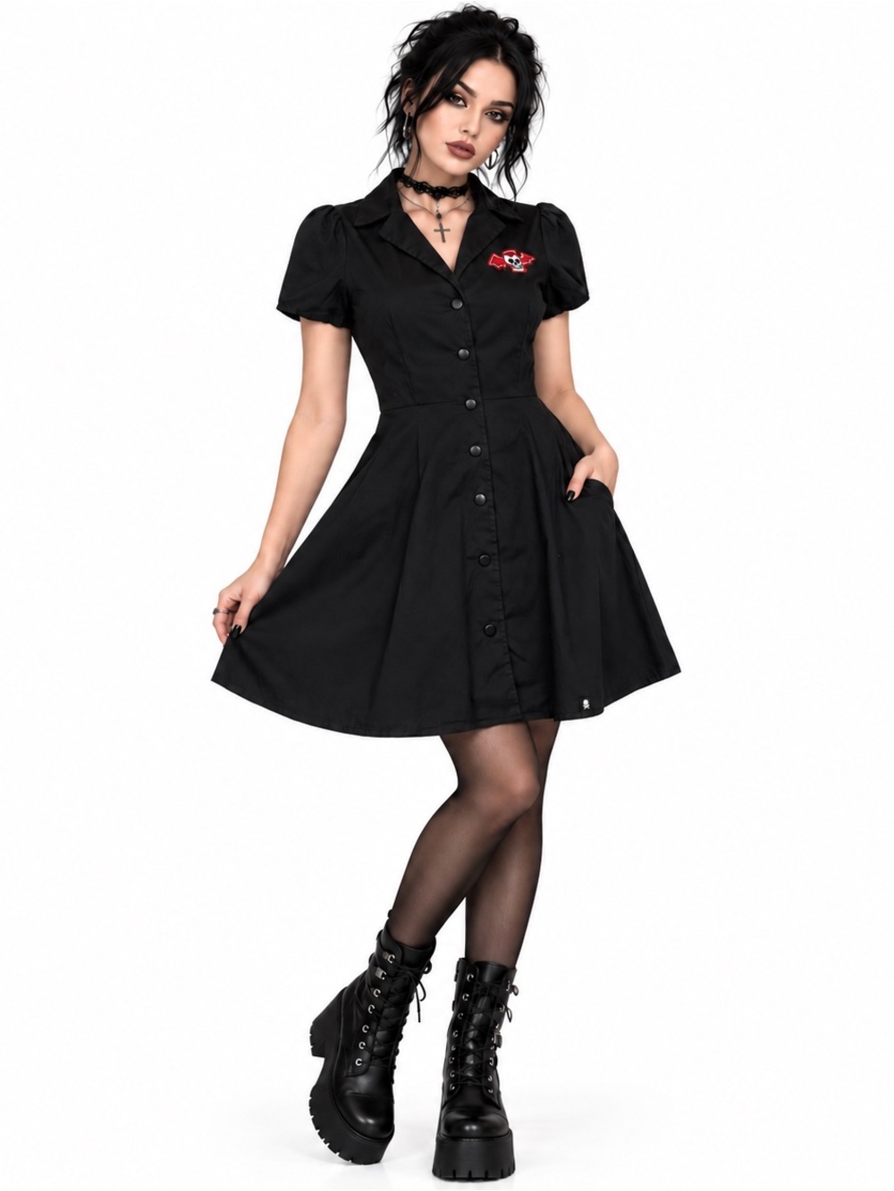 Sourpuss Black Skater Dress Womens SZ XS Skull Patch Goth Rockabilly Pyschobilly
